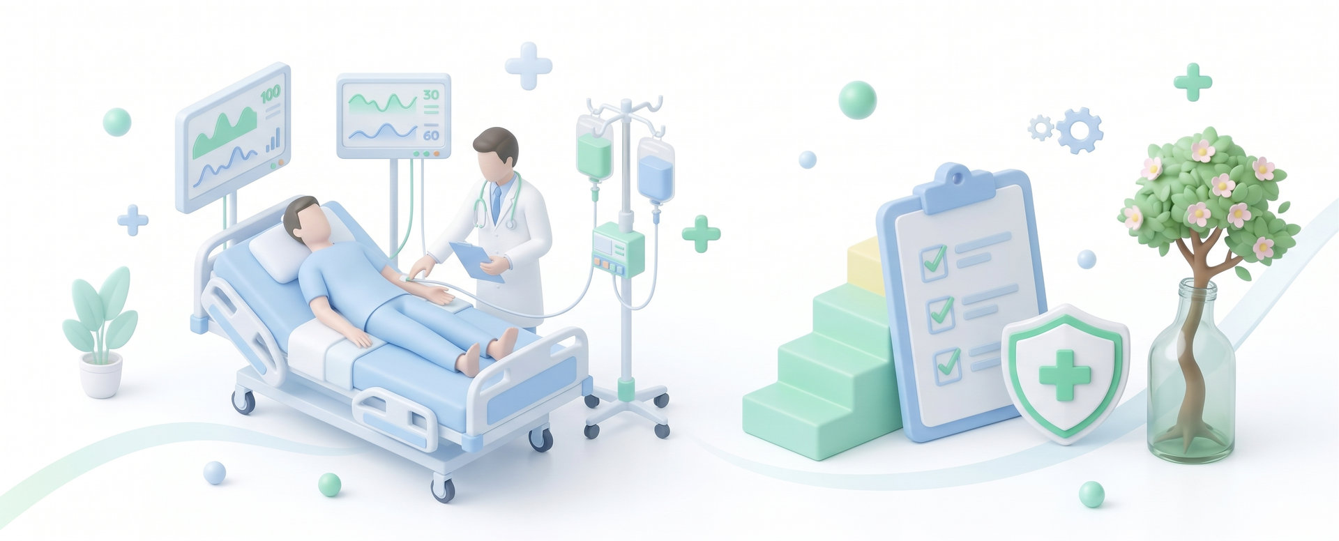 Иллюстрация лечения в стационаре: врач наблюдает за пациентом на больничной койке под капельницей, рядом ступени восстановления, медицинский планшет с чек-листом
